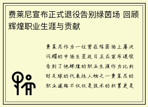 费莱尼宣布正式退役告别绿茵场 回顾辉煌职业生涯与贡献 费莱尼宣布正式退役告别绿茵场 回顾辉煌职业生涯与贡献