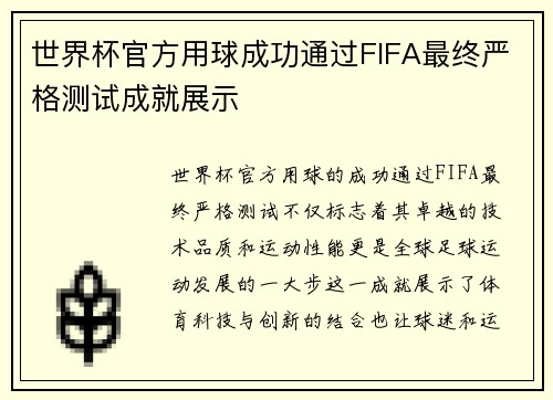 世界杯官方用球成功通过FIFA最终严格测试成就展示 世界杯官方用球成功通过FIFA最终严格测试成就展示